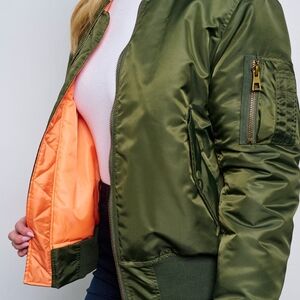 Olive Green Bomber Jacket with Orange Lining